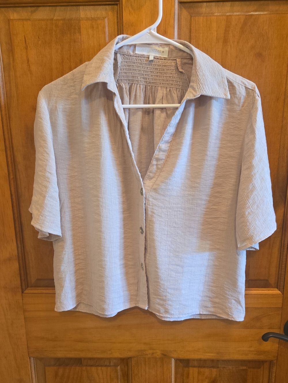 Light Beige Button-Front Short Sleeve Blouse - Women Zara XS